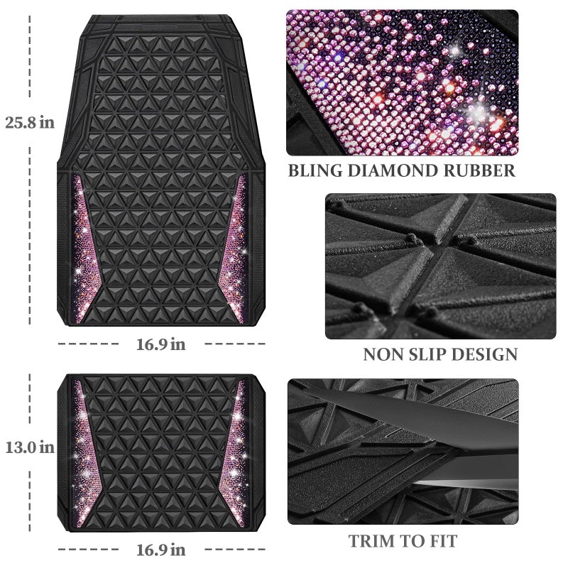 CAR PASS Bling Rubber Car Mats Diamond Floor Mats Full Set Anti-Slip 3D Rhombus Waterproof Universal Trim to Fit Liner Glitter Crystal Sparkly Shining Rhinestone Girl Women SUV Sedan Van, Black Pink - Image 4
