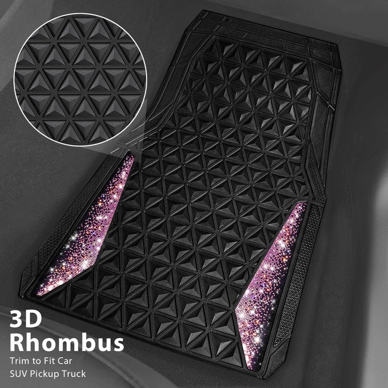 CAR PASS Bling Rubber Car Mats Diamond Floor Mats Full Set Anti-Slip 3D Rhombus Waterproof Universal Trim to Fit Liner Glitter Crystal Sparkly Shining Rhinestone Girl Women SUV Sedan Van, Black Pink - Image 3