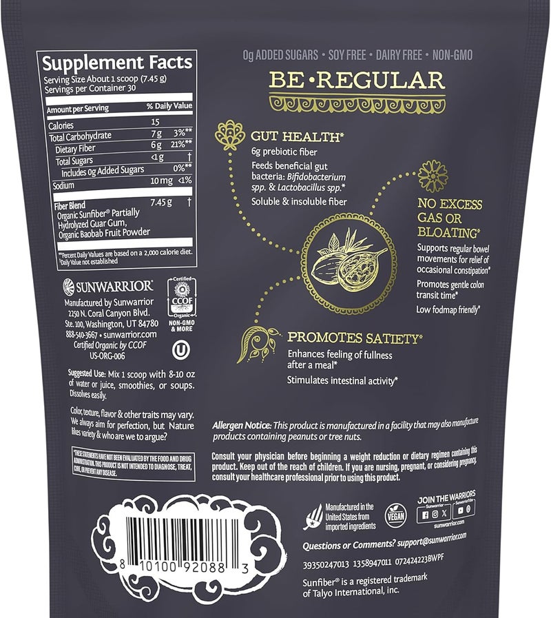 Sunwarrior Fiber Supplement Prebiotic Organic  Vegan Fiber Supplement PlantPowered Gut Health Booster with Pure Ingredients for Digestive Harmony  Vegan  NonGMO  8oz Pouch 30 SRV Be Well - Image 2
