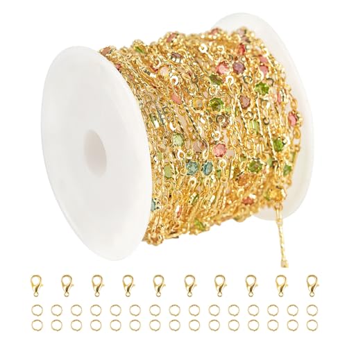 YOUBEIYEE 16.4 Feet Colorful Crystal Chain for Jewelry Making 18K Gold Plated Brass Jewelry Chains Bulk Light Gold Bar Chain Link Necklace Bracelet DIY for Women - Image 1