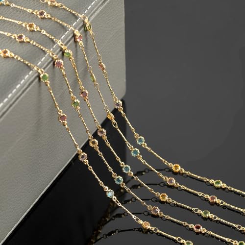 YOUBEIYEE 16.4 Feet Colorful Crystal Chain for Jewelry Making 18K Gold Plated Brass Jewelry Chains Bulk Light Gold Bar Chain Link Necklace Bracelet DIY for Women - Image 4