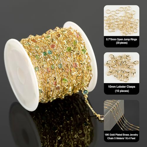YOUBEIYEE 16.4 Feet Colorful Crystal Chain for Jewelry Making 18K Gold Plated Brass Jewelry Chains Bulk Light Gold Bar Chain Link Necklace Bracelet DIY for Women - Image 2