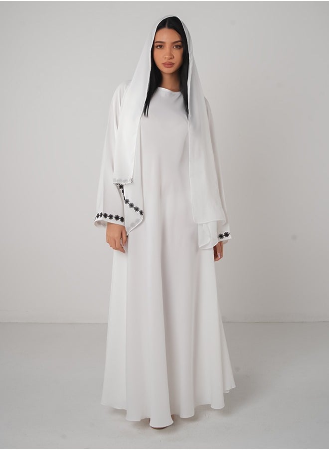 JAMEELA White Embroidery Satin Close Abaya  - Image 1