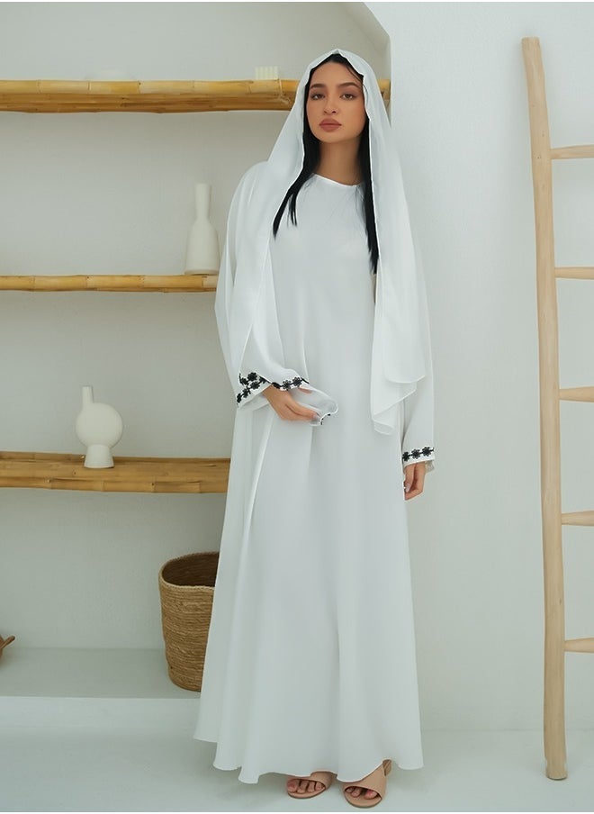 JAMEELA White Embroidery Satin Close Abaya  - Image 2