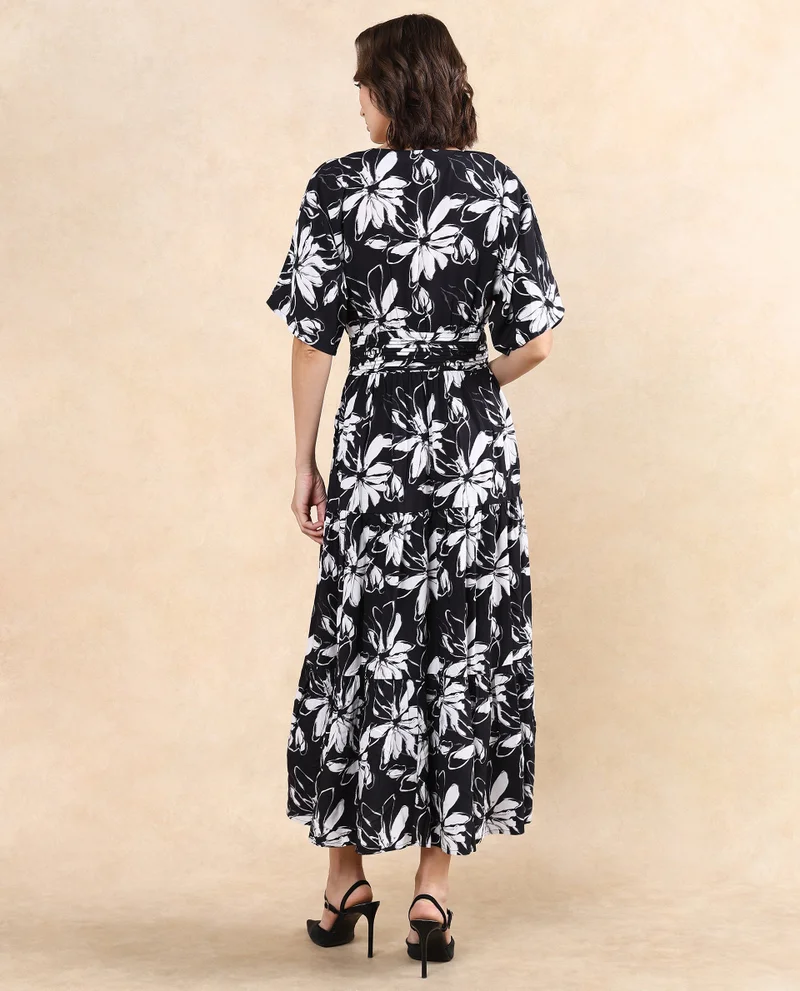Rareism Women's Floral Print Maxi Dress With Extended Sleeves