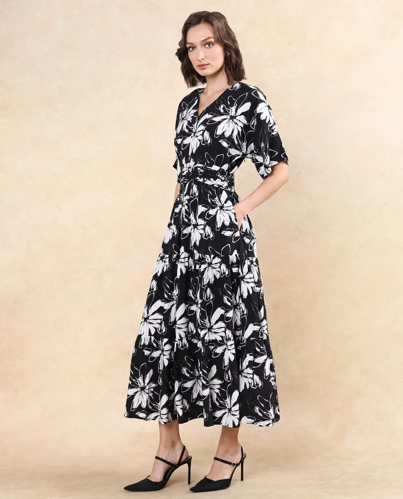 Rareism Women's Floral Print Maxi Dress With Extended Sleeves