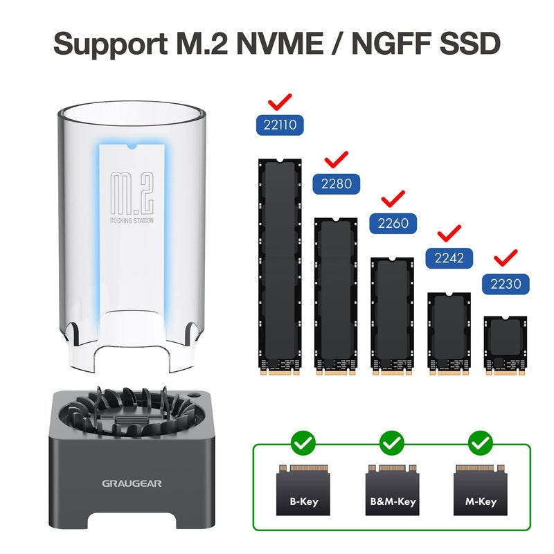 GRAUGEAR M.2 NVMe SATA PCIe SSD Enclosure Adapter Docking Station with Cooling Fan, USB3.2 Gen2 10Gbps M.2 SSD External Case USB C, Support UASP and Trim, M2 NVMe NGFF M Key B+M Key, RTL9210B Chipset - Image 4