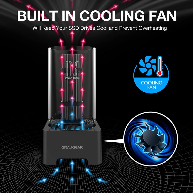 GRAUGEAR M.2 NVMe SATA PCIe SSD Enclosure Adapter Docking Station with Cooling Fan, USB3.2 Gen2 10Gbps M.2 SSD External Case USB C, Support UASP and Trim, M2 NVMe NGFF M Key B+M Key, RTL9210B Chipset - Image 3