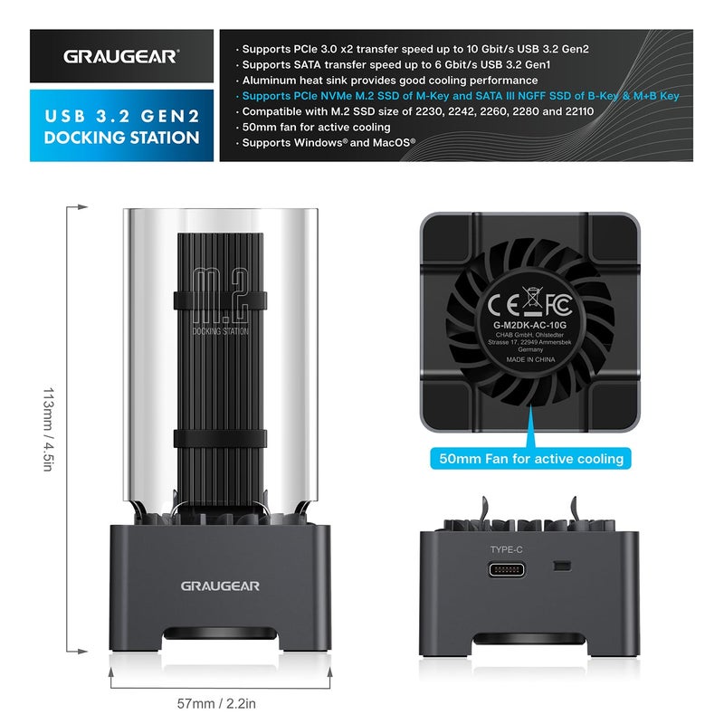 GRAUGEAR M.2 NVMe SATA PCIe SSD Enclosure Adapter Docking Station with Cooling Fan, USB3.2 Gen2 10Gbps M.2 SSD External Case USB C, Support UASP and Trim, M2 NVMe NGFF M Key B+M Key, RTL9210B Chipset - Image 2