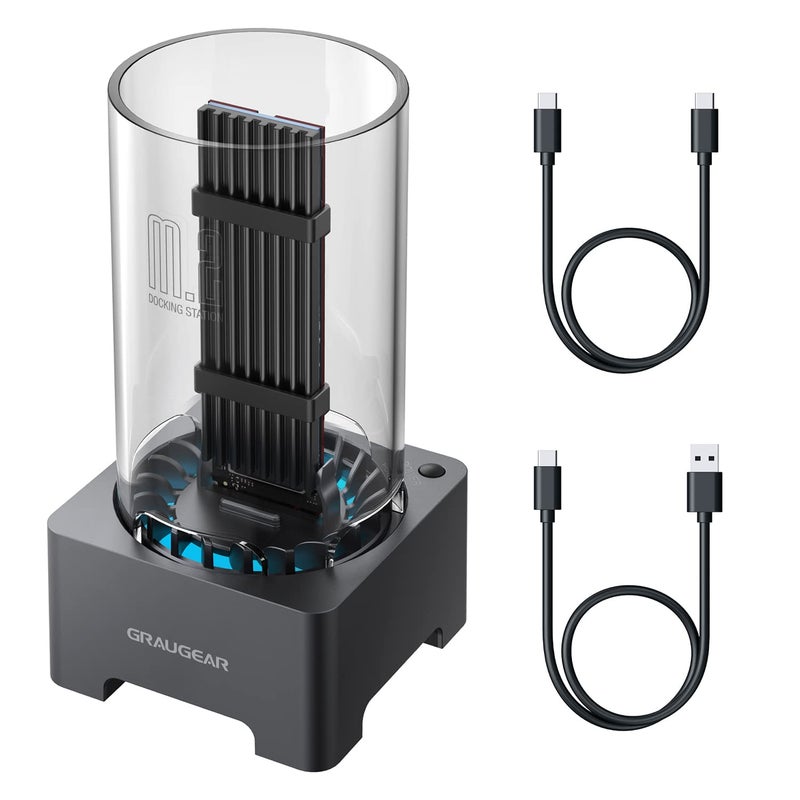 GRAUGEAR M.2 NVMe SATA PCIe SSD Enclosure Adapter Docking Station with Cooling Fan, USB3.2 Gen2 10Gbps M.2 SSD External Case USB C, Support UASP and Trim, M2 NVMe NGFF M Key B+M Key, RTL9210B Chipset - Image 1