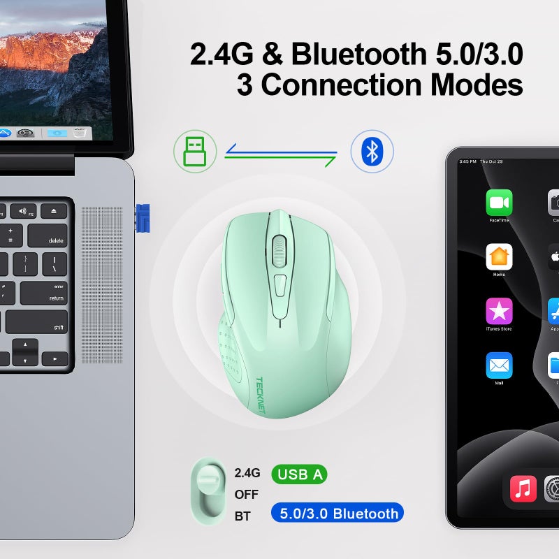 TECKNET Wireless Mouse (2.4G & BT5.0/3.0) Silent 4800 DPI Computer USB A & Bluetooth Mouse 6 Buttons, Wide Compatibility - Green - Image 2