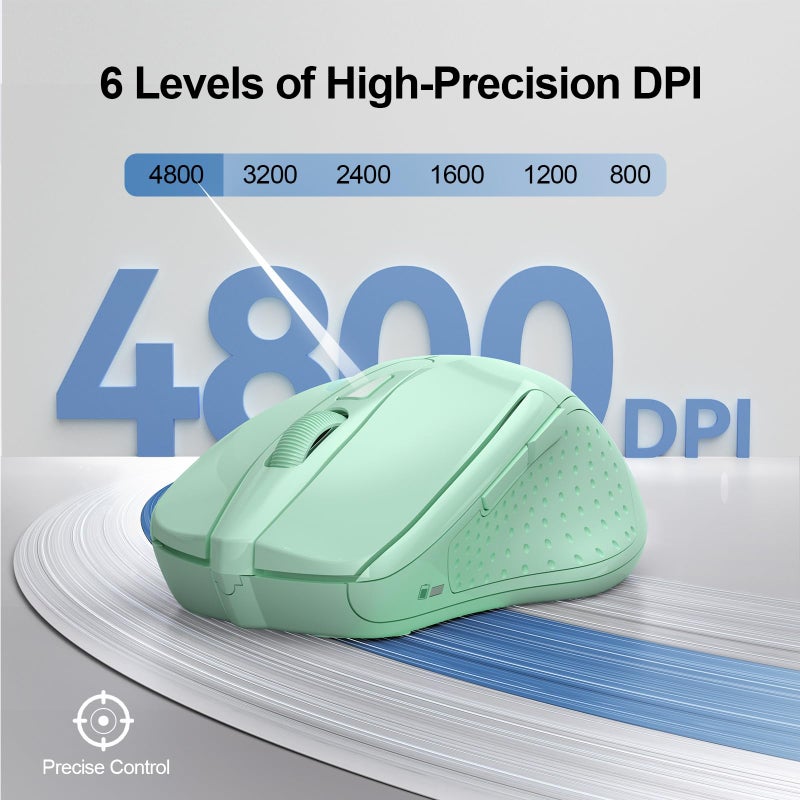 TECKNET Wireless Mouse (2.4G & BT5.0/3.0) Silent 4800 DPI Computer USB A & Bluetooth Mouse 6 Buttons, Wide Compatibility - Green - Image 4