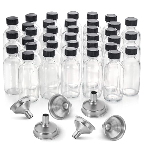 Aozita 36 Pack, 2 oz Small Clear Glass Bottles w/Lid & 6 Stainless Steel Funnels - 60ml Boston Sample Bottles - Mini Travel Essential or Decorative Bottles for Potion, Juice, Wellness, Ginger Shots, Whiskey - Image 2