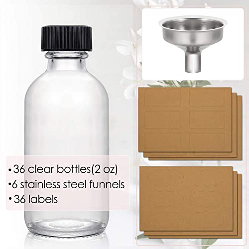 Aozita 36 Pack, 2 oz Small Clear Glass Bottles w/Lid & 6 Stainless Steel Funnels - 60ml Boston Sample Bottles - Mini Travel Essential or Decorative Bottles for Potion, Juice, Wellness, Ginger Shots, Whiskey - Image 3