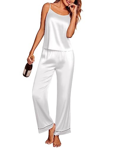 Ekouaer Women Silk Satin Pajamas Sleeveless Pjs Set 2 Piece Summer Loungewear Sleepwear with Pockets Pure White,M - Image 1