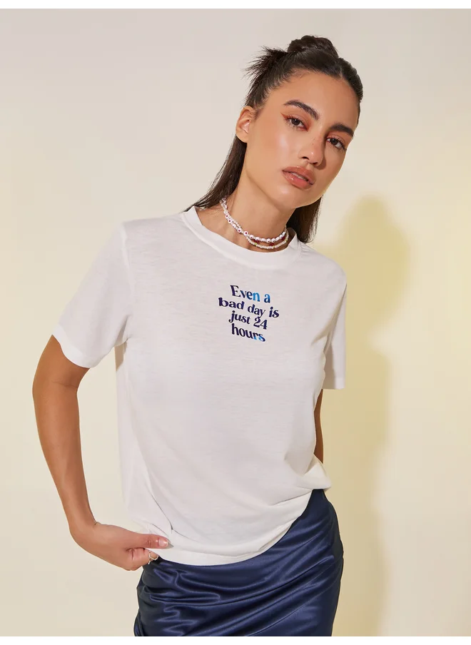 تايك تو Take Two Slogan Print Round Neck T-Shirt