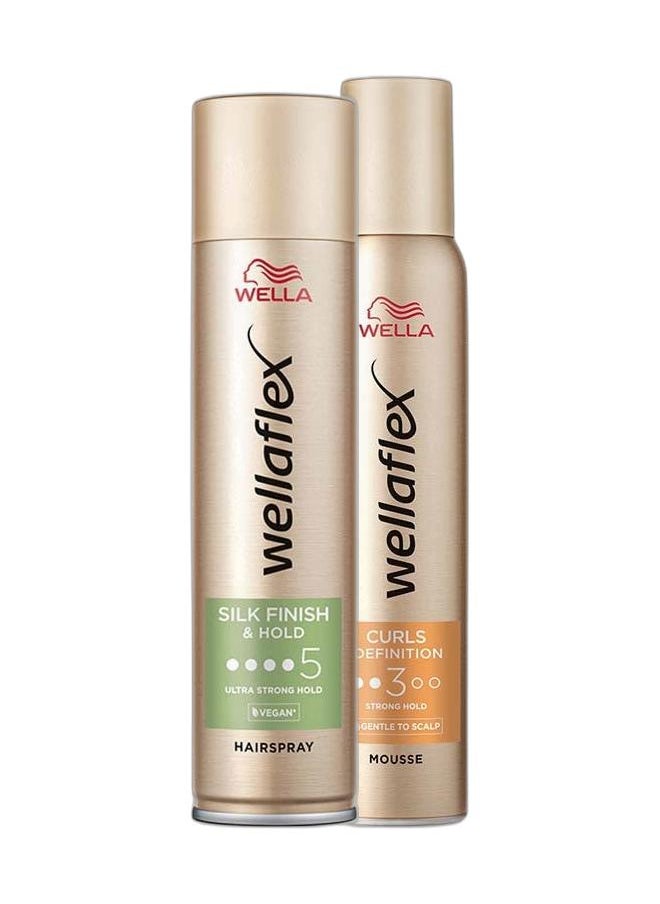 WELLA Professional Hair Styling Set - Wellaflex Silk Finish and Hold Hairspray 250ml + Wellaflex Curls Definition Mousse 200ml – for Smooth Hold & Defined Curls  - Image 1