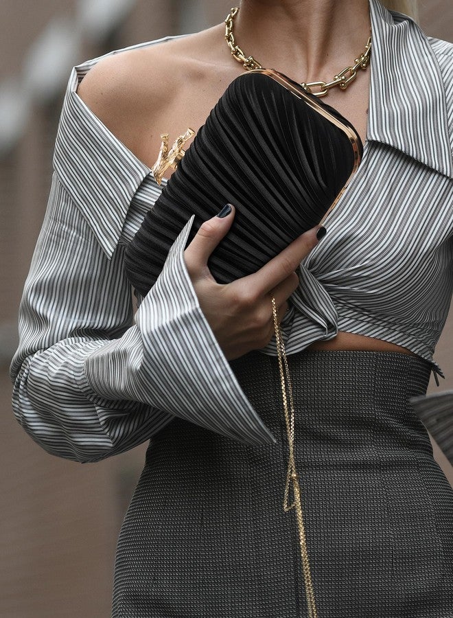 CHUNLI Clutch Purses for Women Evening/Wedding Chic Woven Bag Formal PU Leather Purse Designer Handbags for Women, Black-satin - Image 5