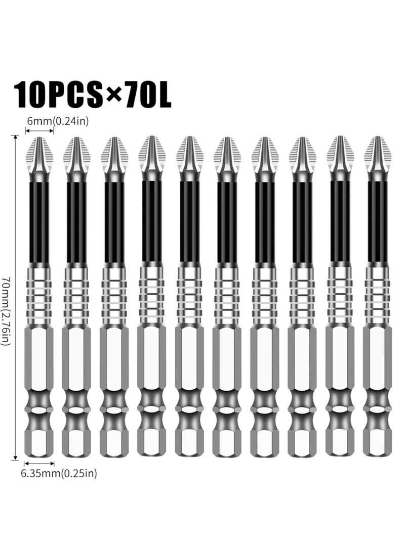 10PCS Magnetic Screwdriver Bit Set 10pcs Anti Slip Screwdriver Bits Set 1/4 Inch Hex Shank S2 Steel Phillips Cross Slot PH2 Screwdriver Bits Mixed Length(70MM)  - Image 1