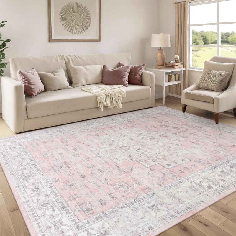 LIVEBOX Pink 6x9 Area Rug for Bedroom Girls, Boho Washable Rugs for Living Room Nursery, Non-Slip Indoor Soft Carpet Low-Pile Farmhouse Carpets for Dining Room Kids Playroom, Pink - Image 1