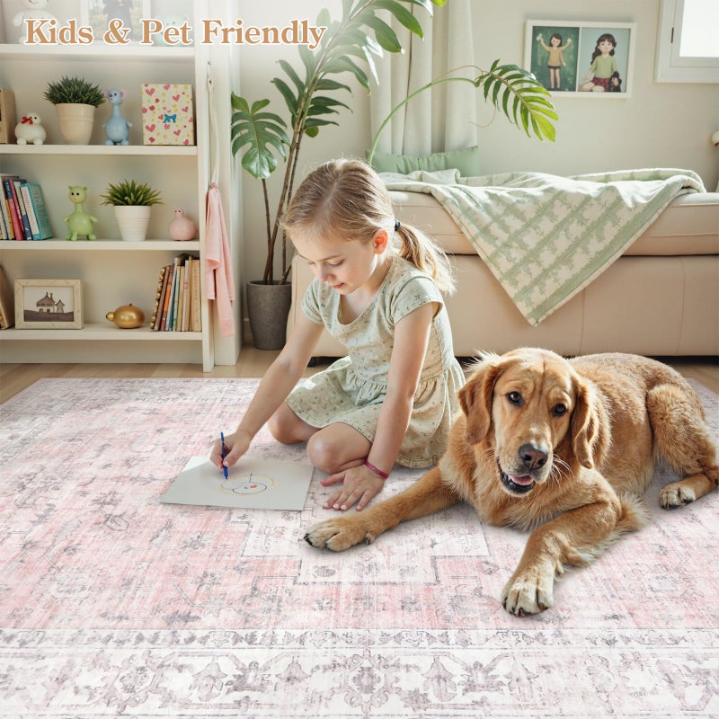 LIVEBOX Pink 6x9 Area Rug for Bedroom Girls, Boho Washable Rugs for Living Room Nursery, Non-Slip Indoor Soft Carpet Low-Pile Farmhouse Carpets for Dining Room Kids Playroom, Pink - Image 4