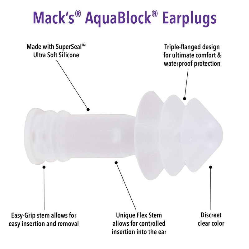 Mack's AquaBlock Swimming Earplugs, 3 Pair - Comfortable, Waterproof, Reusable Silicone Ear Plugs for Swimming, Snorkeling, Showering, Surfing and Bathing (Clear) - Image 2