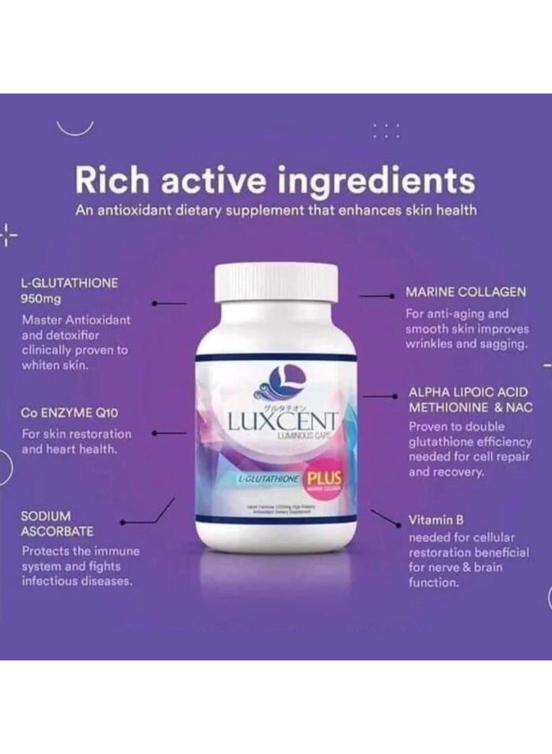 LUXCENT كبسولات لوكسنت جلوتاثيون، صيغة مضادة للشيخوخة ومضادة للتوتر لتفتيح البشرة، 60 كبسولة من الإشراق والعافية. - Image 2