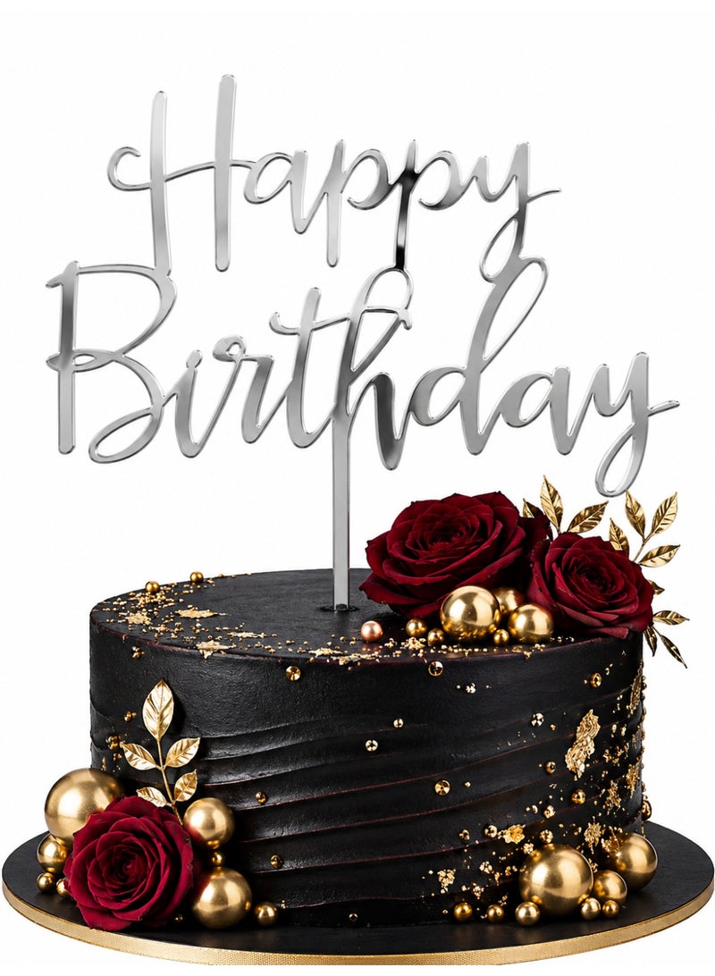 We Happy Happy Birthday Cake Topper Mirrored Acrylic Cupcake Topper Perfect for Decorations and Party Supplies Silver - Image 1