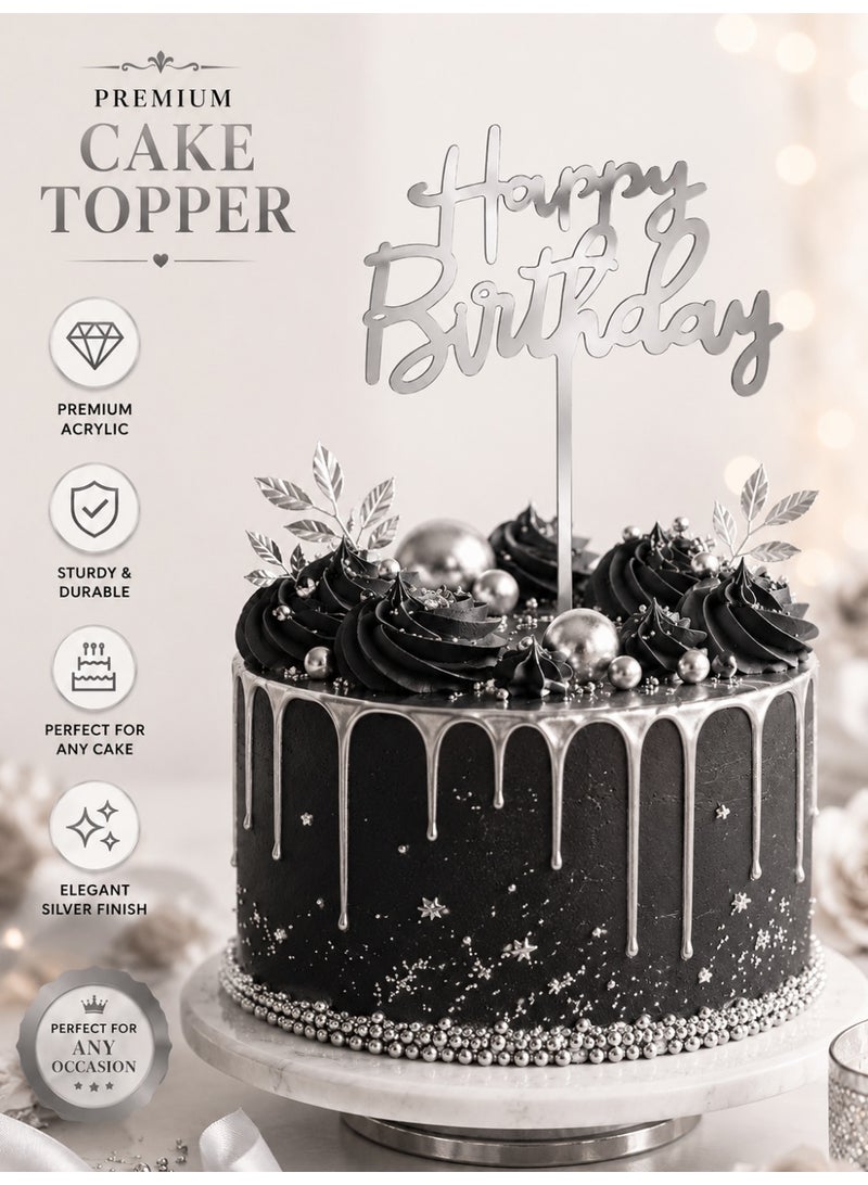 We Happy Happy Birthday Cake Topper Mirrored Acrylic Cupcake Topper Perfect for Decorations and Party Supplies Silver - Image 4