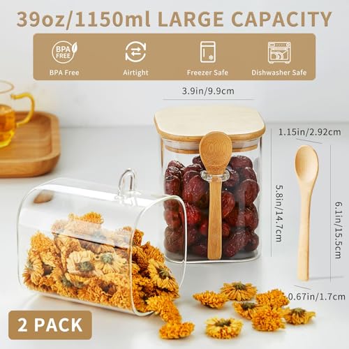 Unbreakable Glass Jars with Airtight Bamboo Lids and Spoons 2PCS 1150ml39oz Overnight Oats Containers with Lids Glass Food Storage Containers for Coffee Beans Flour Sugar Cookie Pasta Tea Leaf - Image 3