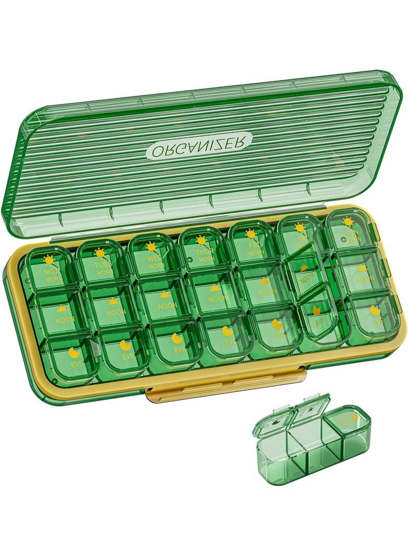 Arabest 7-Day Pill Organizer, Portable Weekly Medicine Box with 21 Large Compartments (Green), medicine organizer, pill organizer, medicine box, pill box - Image 1
