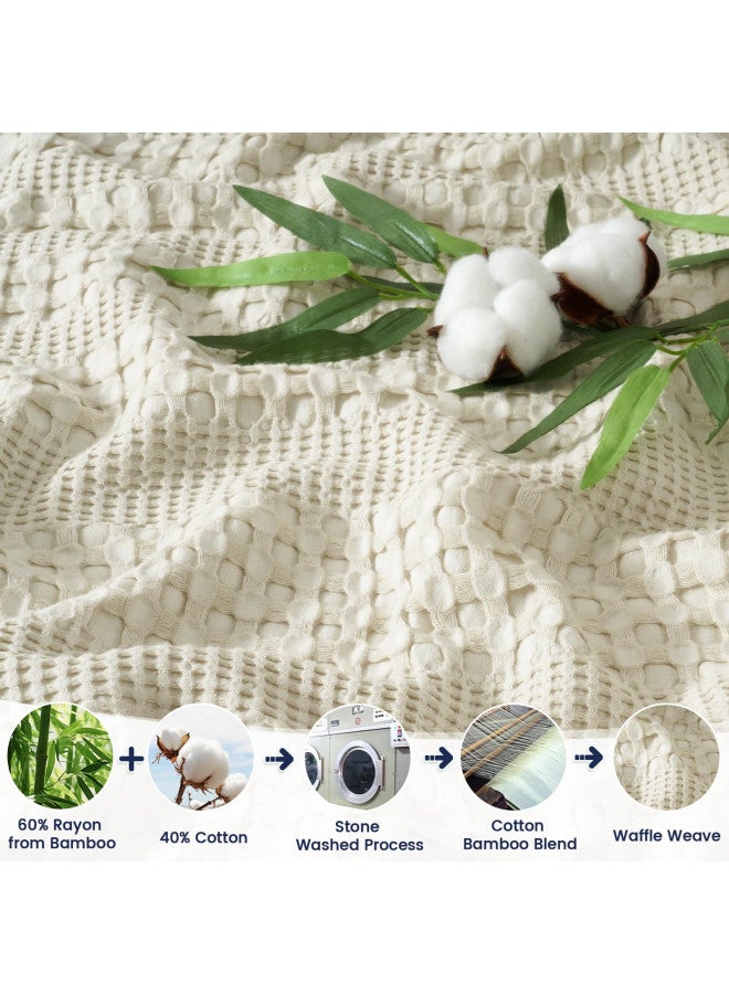 PHF PHF Stone-Washed Cooling Waffle Blanket King Size- Lightweight Breathable Summer Blanket, 60% Rayon Derived from Bamboo & 40% Cotton Blanket, Luxuriously Soft for Bed Couch, 104"x90", Almond Milk  - Image 2