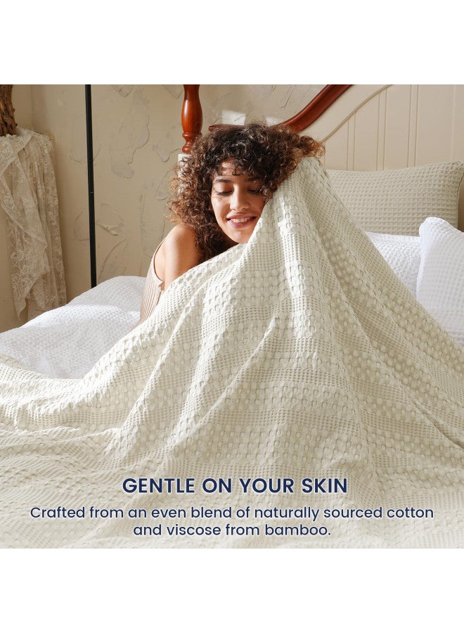 PHF PHF Stone-Washed Cooling Waffle Blanket King Size- Lightweight Breathable Summer Blanket, 60% Rayon Derived from Bamboo & 40% Cotton Blanket, Luxuriously Soft for Bed Couch, 104"x90", Almond Milk  - Image 1