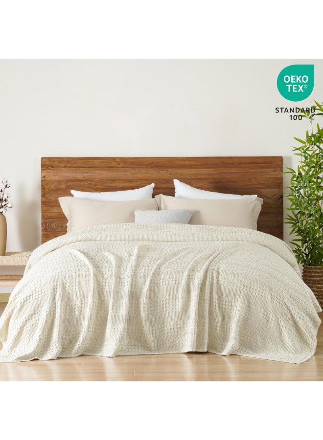 PHF PHF Stone-Washed Cooling Waffle Blanket King Size- Lightweight Breathable Summer Blanket, 60% Rayon Derived from Bamboo & 40% Cotton Blanket, Luxuriously Soft for Bed Couch, 104"x90", Almond Milk  - Image 3