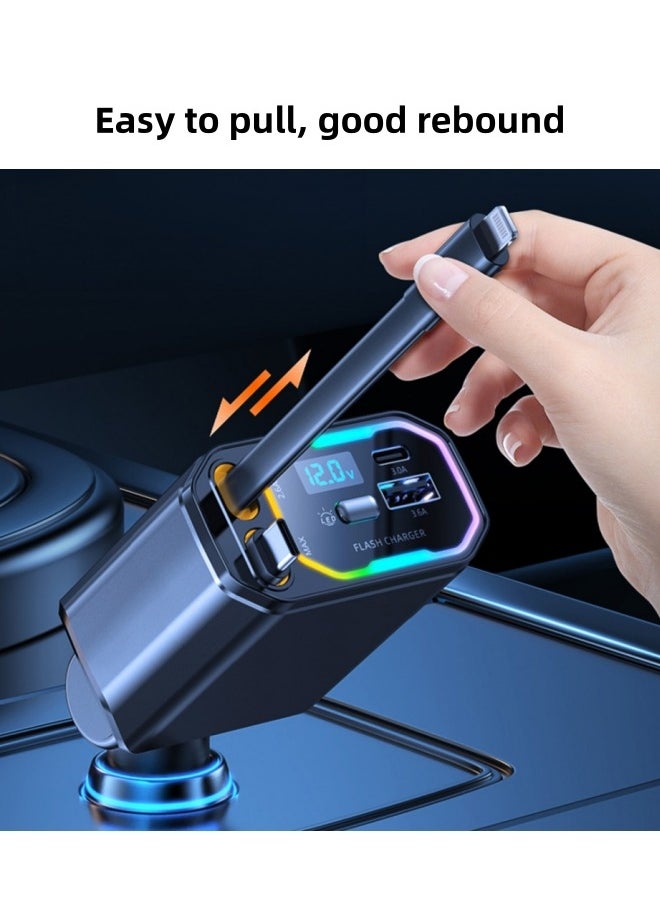 Healife 4IN1 Wood Grain Retractable Car Charger with USB, Type-C and Lightning Ports - Digital Display, Supports PD Fast Charging/QC3.0/FCP - Compatible with iPhone, Huawei, Honor, Galaxy, Pixel  - Image 1