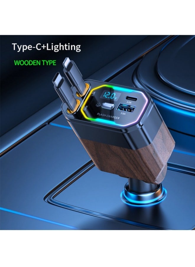 Healife 4IN1 Wood Grain Retractable Car Charger with USB, Type-C and Lightning Ports - Digital Display, Supports PD Fast Charging/QC3.0/FCP - Compatible with iPhone, Huawei, Honor, Galaxy, Pixel  - Image 3