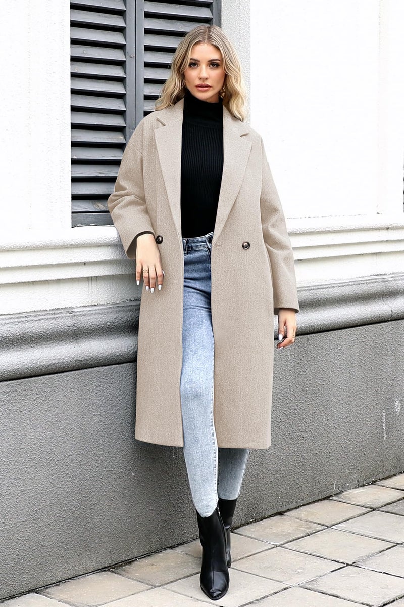 SAUKOLE Womens Oversized Winter Coats Warm Wool Blend Pea Trench Coat Notch Lapel Outerwear with Pockets - Image 3