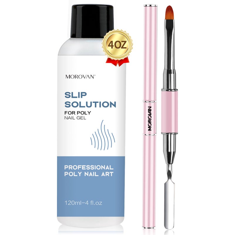 Morovan Poly Gel Slip Solution Kit: 4oz Slip Solution Liquid for Poly Gel Nails Dual-Ended Brush Pusher for Beginner - Image 1