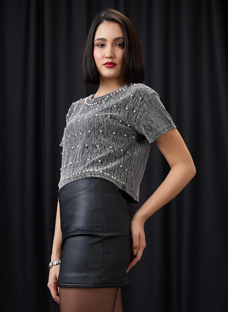 globus Globus Women Grey Round Neck Pearl Embellished Detail Lurex Party Crop Top