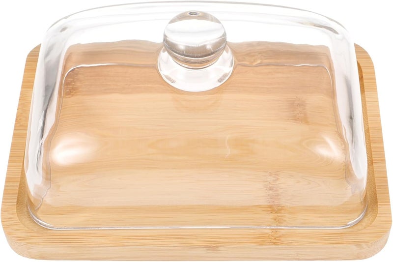 Rectangular Wooden Butter Dish with Glass Dome Cover Non-slip Base Elegant Butter Container Tray for Home Snacks Desserts and Cakes Display Stand - Image 1