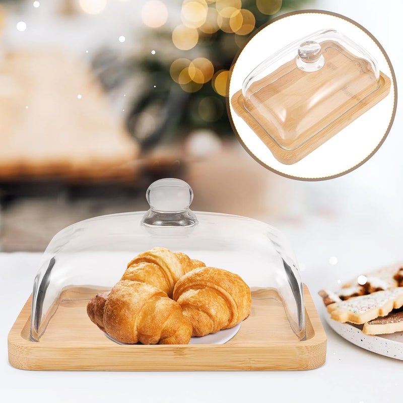 Rectangular Wooden Butter Dish with Glass Dome Cover Non-slip Base Elegant Butter Container Tray for Home Snacks Desserts and Cakes Display Stand - Image 5
