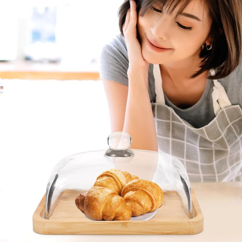 Rectangular Wooden Butter Dish with Glass Dome Cover Non-slip Base Elegant Butter Container Tray for Home Snacks Desserts and Cakes Display Stand - Image 3