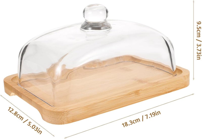 Rectangular Wooden Butter Dish with Glass Dome Cover Non-slip Base Elegant Butter Container Tray for Home Snacks Desserts and Cakes Display Stand - Image 2