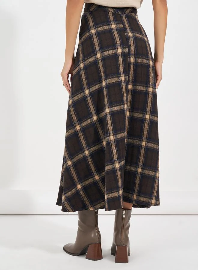 Styli Plaid Checked A-Line Midi Skirt