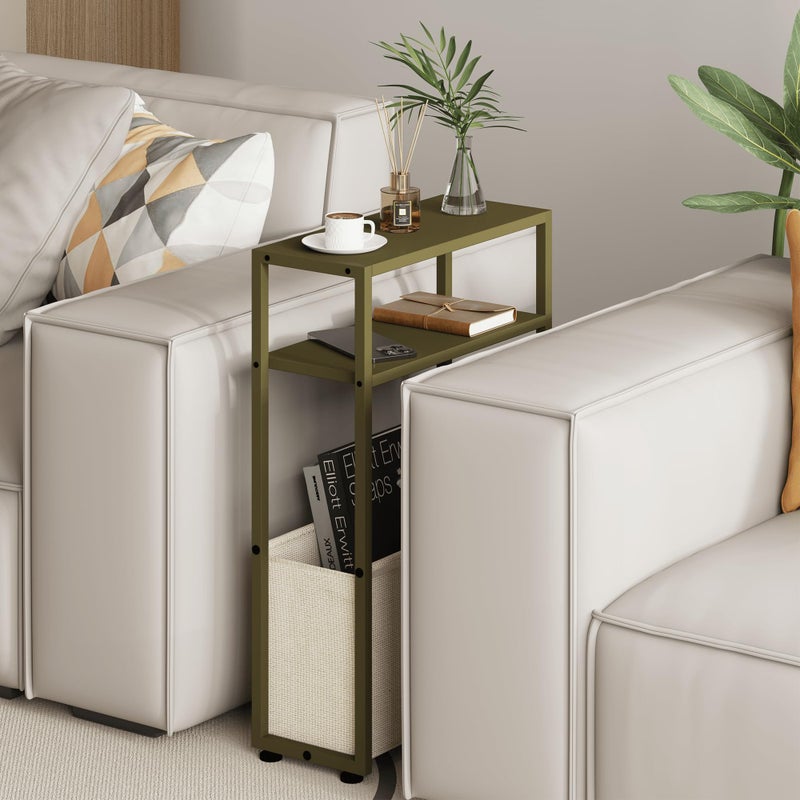 Leomonio Narrow Side Table, Slim End Tables with Fabric Basket, Skinny Table for Small Spaces, Thin Bedside Table for Living Room, Bedroom (1, Forest Green + Camel Brown) - Image 4