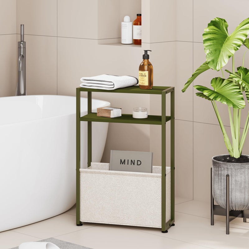 Leomonio Narrow Side Table, Slim End Tables with Fabric Basket, Skinny Table for Small Spaces, Thin Bedside Table for Living Room, Bedroom (1, Forest Green + Camel Brown) - Image 1