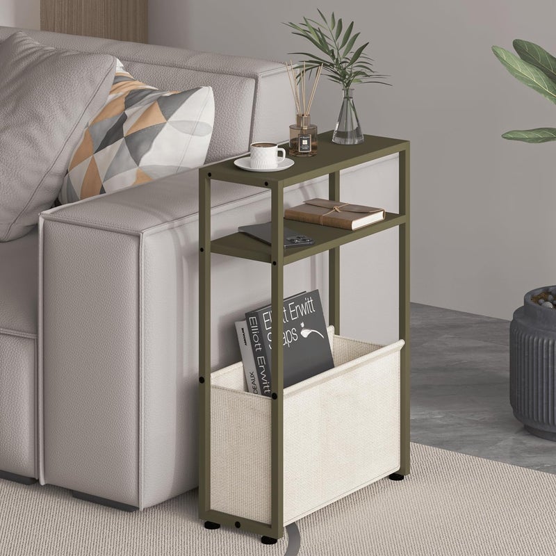 Leomonio Narrow Side Table, Slim End Tables with Fabric Basket, Skinny Table for Small Spaces, Thin Bedside Table for Living Room, Bedroom (1, Forest Green + Camel Brown) - Image 3