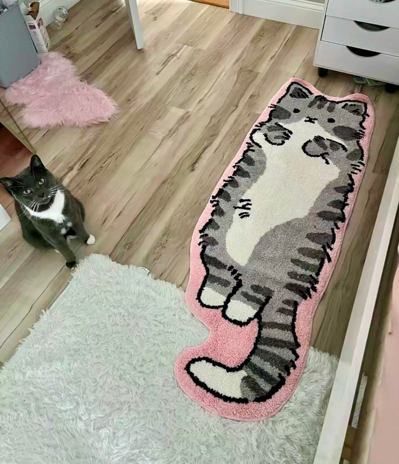 LUXAPE Pink Gray cat Rug - Cat Shaped bathmat - Handmade & Premium- 28in W (70cm) - Kitty Decor - Living Room, Bedroom, Children Room, Door mat - Luxape cat Rug (Luxape-f) - Image 2