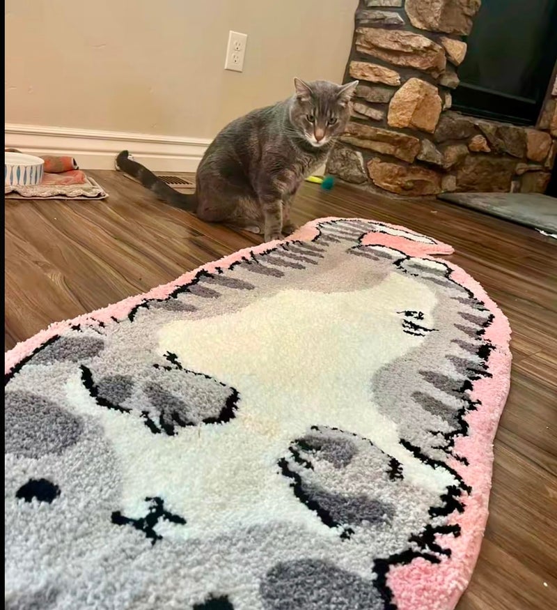 LUXAPE Pink Gray cat Rug - Cat Shaped bathmat - Handmade & Premium- 28in W (70cm) - Kitty Decor - Living Room, Bedroom, Children Room, Door mat - Luxape cat Rug (Luxape-f) - Image 3