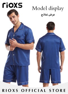 RIOXS Men's 2 Pieces Nightwear Suit Cool Ice Silk Short Sleeve Pajamas V Neck Buttons Tops & Loose Straight Leg Shorts Teen Casual Cardigan Homewear  - Image 5